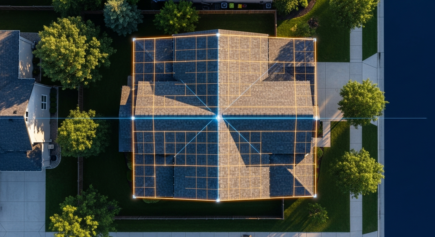 Aerial view of a roof with digital measurement grid overlay